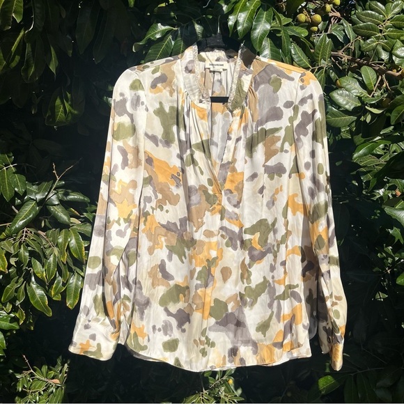 ZADIG AND VOLTAIRE off white cream camo watercolor lace trim long sleeve blouse